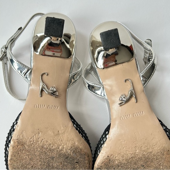 Rare Miu Miu Silver Mesh Black Glitter Kitten Heel sz 7.5 - Picture 9 of 11